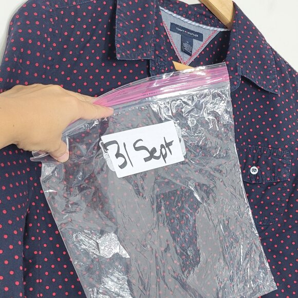 Tommy Hilfiger Navy Blue Red Polka Dots 100% Cotton Button-Up Shirt Preppy Sz M - Picture 10 of 10